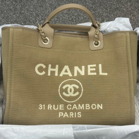 Authentic Chanel Deauville Medium Tote 22S Beige BRAND NEW w/Receipt and Plastic - Picture 1 of 16